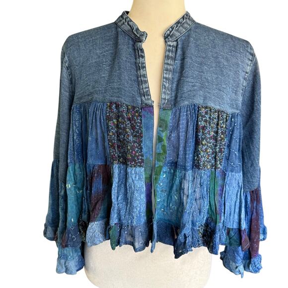 Young Threads Top Tiered Patchwork Boho Denim Cardigan M Whimsiboho Western NWT - Picture 1 of 10